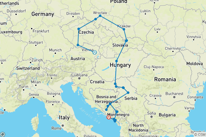 Carte du circuit De Vienne à Dubrovnik (32 destinations)