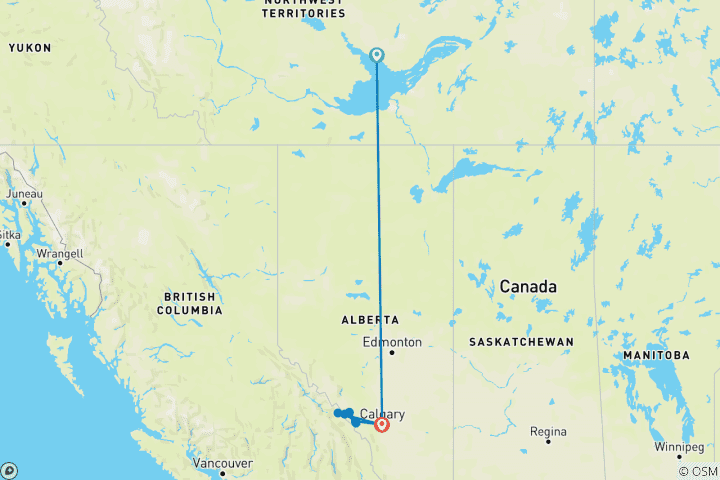 Karte von 7-tägige Winterreise nach Yellowknife mit Nordlichtern und den kanadischen Rocky Mountains: Von Yellowknife nach Calgary