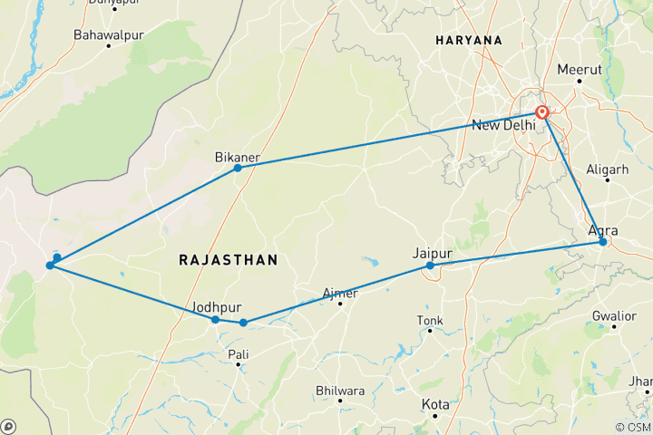 Kaart van India: Vrouwenexpeditie (van New Delhi naar Delhi)