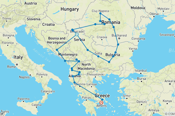 Kaart van Balkan-odyssee in 28 dagen; semi-privéreis met een eigen reisleider en Ca