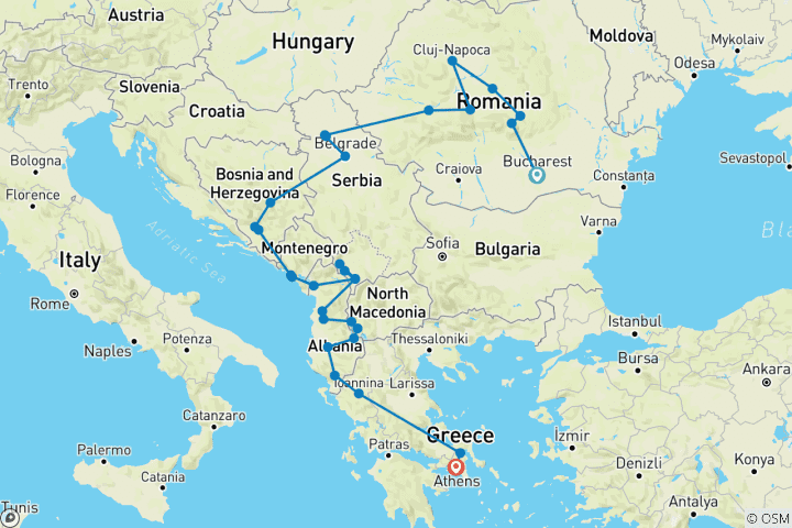 Carte du circuit Transylvanie et ambiance balkanique méditerranéenne ; circuit semi-privé avec un accompagnateur dédié et un véhicule réservé