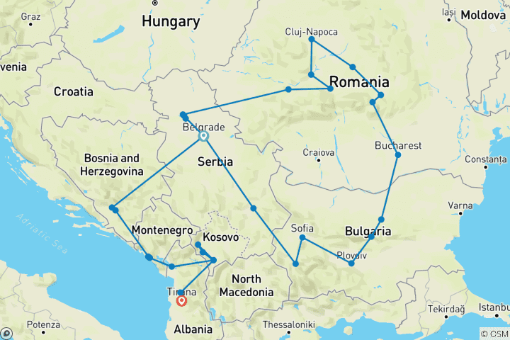 Kaart van De Balkan van dichtbij; van Belgrado naar Tirana in 23 dagen met een eigen reisleider en auto