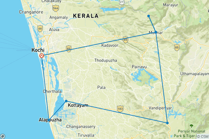 Karte von 7-tägige Indien-Reise durch Kerala (mit 3-, 4- und 5-Sterne-Hotels zur Auswahl)