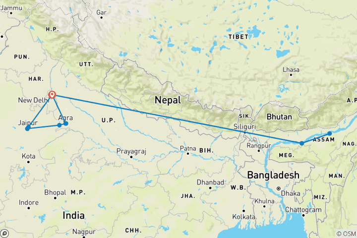 Kaart van Kaziranga-neushoornsafari en de Taj Mahal
