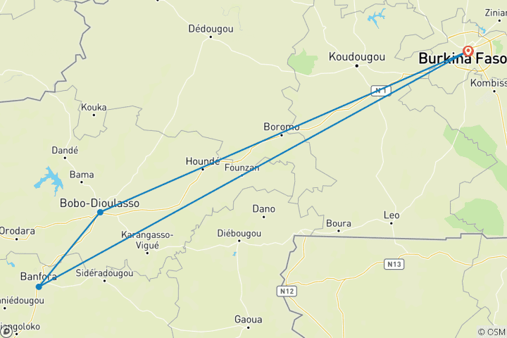 Mapa de Circuito de descubrimiento cultural y natural por Burkina Faso – 7 días