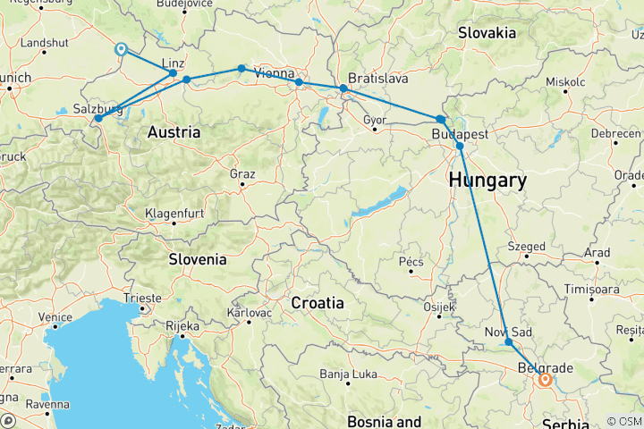 Mapa de Capitales y cruces de caminos del Danubio 2028 - 11 días (de Passau a Belgrado)
