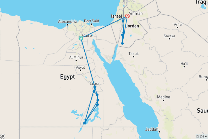 Carte du circuit Les trésors de l'Égypte et de la Jordanie lors d'une croisière sur le Nil