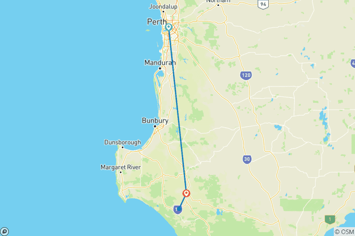 Carte du circuit Perth : Circuit gastronomique dans les forêts du sud de l'Australie-Occidentale : Manjimup, Pemberton et la région de Karri