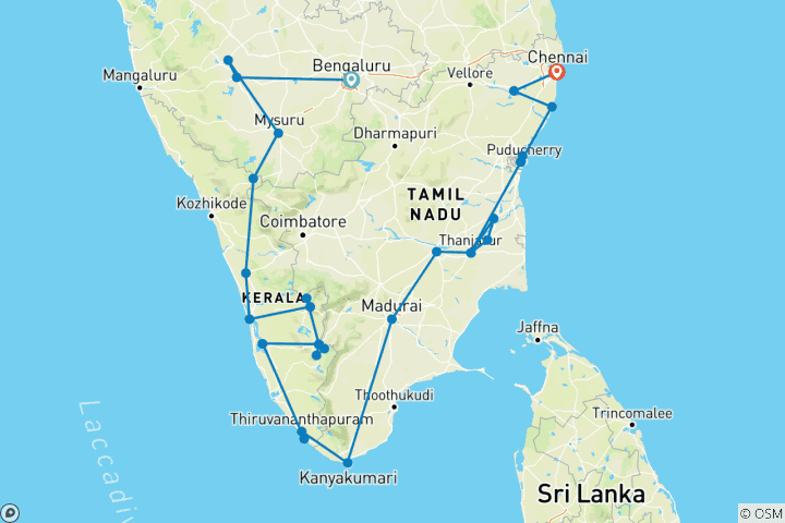 Kaart van Grote Rondreis Door Zuid-india