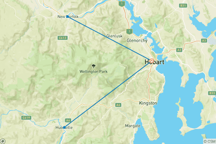 Carte du circuit Circuit gastronomique en Tasmanie : Hobart, les vallées de Huon et de Derwent