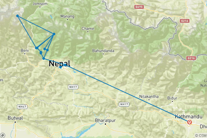 Mapa de Ruta de senderismo del Annapurna a Poon Hill en Nepal