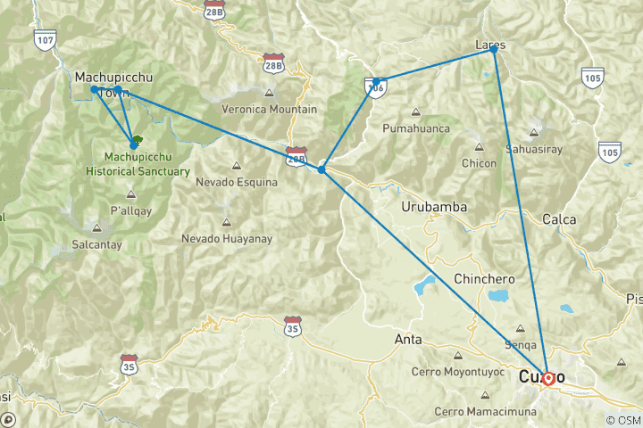 Mapa de Ruta clásica de Lares a Machu Picchu