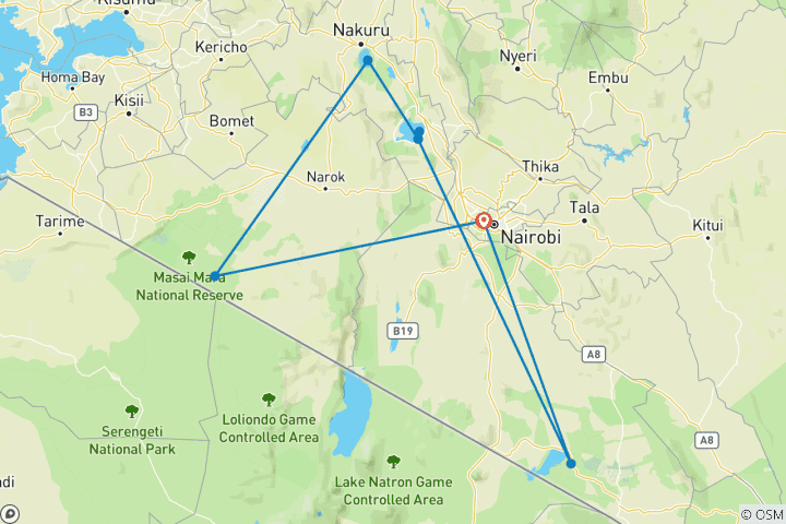 Kaart van Avontuur in Masai Mara en het Nakuru-meer