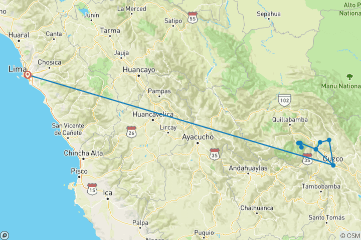 Mapa de Ruta de Lares a Machu Picchu desde Lima