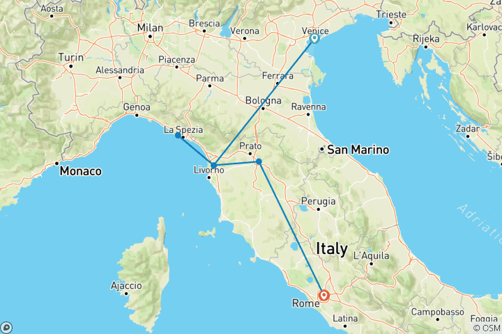 Mapa de 6 días por Italia en tren