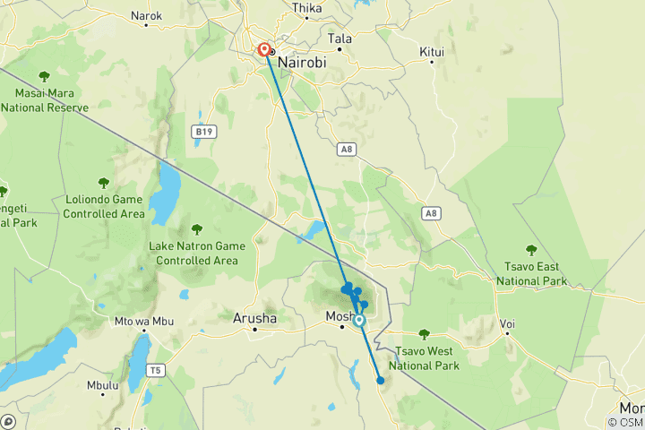 Mapa de Kilimanjaro: Ruta Marangu (de Marangu a Nairobi)
