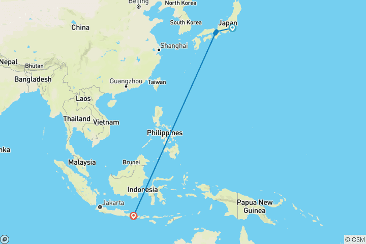 Mapa de Lo mejor de Japón y la exótica Bali, con tren bala, desayunos, traslados, visitas turísticas y alojamientos de 5 estrellas