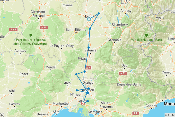 Carte du circuit Sensations printanières de Lyon et de la Provence