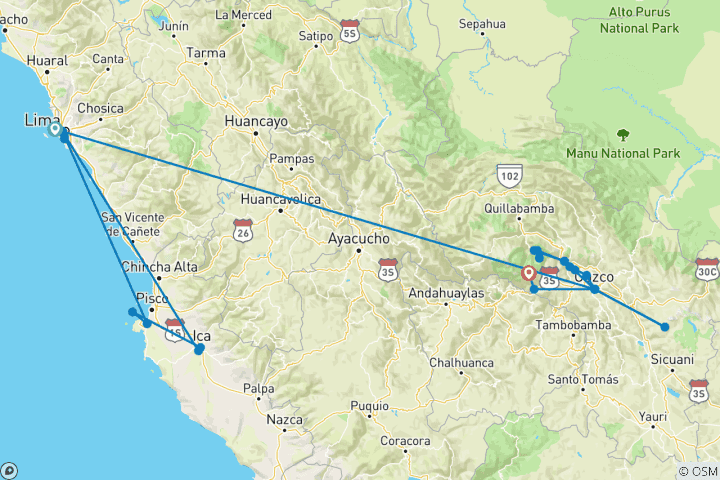 Mapa de Organizado por Peggy - Inca Adventures - 7 días (Lima, Paracas, Ica, Cuzco, Machu Picchu y la Montaña Arcoíris en quad) - Con vuelos nacionales