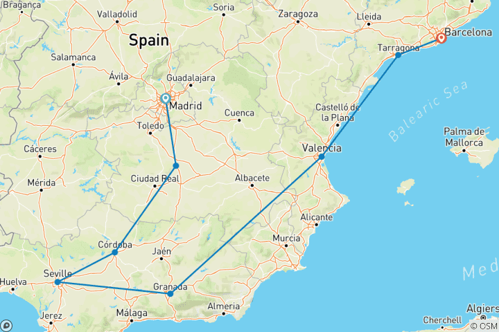 Mapa de 9 días de Madrid a Barcelona pasando por Andalucía y la costa mediterránea - Clase A