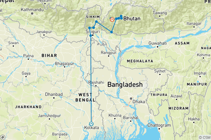 Kaart van Privérondreis met gids door Noordoost-India en Bhutan