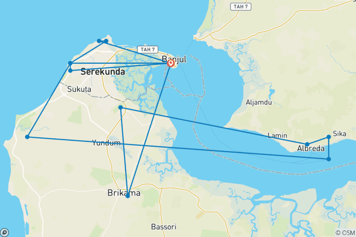 Kaart van 8-daagse cultuur- en wildtour door Gambia – Banjul, Kunta Kinteh en de rivier de Gambia