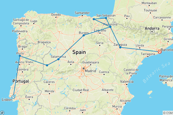Map of Lisbon to Barcelona (Classic, Summer)