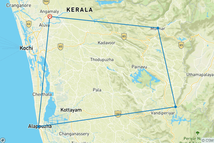 Karte von 5-tägige Reise nach Kerala, Indien: Natur, Kultur und das Leben vor Ort sowie eine Hausbootfahrt (Auswahl an 3-, 4- und 5-Sterne-Hotels)