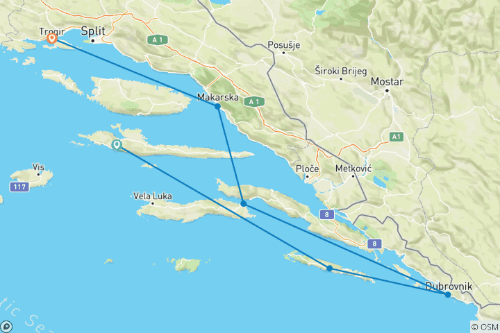 Mapa de Crucero de ida y vuelta de 8 días con escalas, barco Premier Plus, de 18 a 35 años