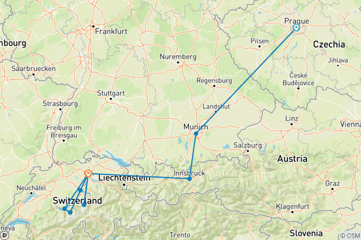 Map of European Escapade Castles, Peaks, and Cities - 6 days
