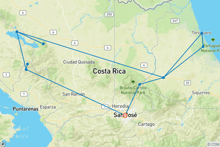 Kaart van Het beste van Costa Rica – 8 dagen
