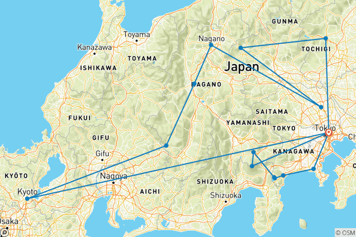 Carte du circuit Odyssée japonaise : temples, traditions et Tokyo – 8 jours