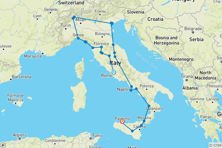 Carte du circuit Grande odyssée italienne : merveilles culturelles et splendeurs naturelles - 17 jours