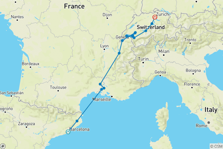 Map of Mediterranean to Alpine Adventure - 6 days