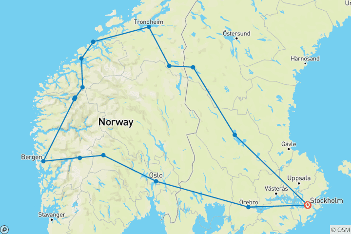 Map of Nordic Adventure Fjords, Cities, Waterfalls - 9 days