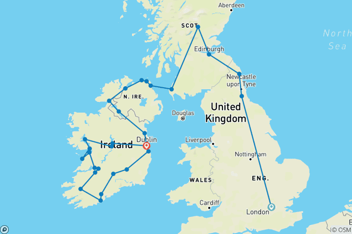 Carte du circuit Aventure dans les îles britanniques : villes et campagne - 13 jours