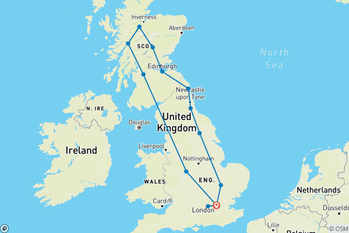 Kaart van Avontuur langs Britse landschappen en stadsgezichten – 8 dagen