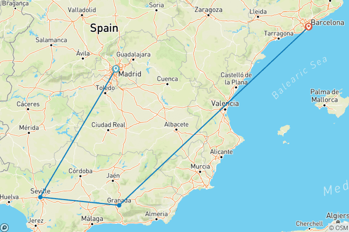 Carte du circuit Escapade de luxe en Espagne : 11 jours à Madrid, Séville, Grenade et Barcelone | Séjours en hôtels 5 étoiles, petit-déjeuner et transferts