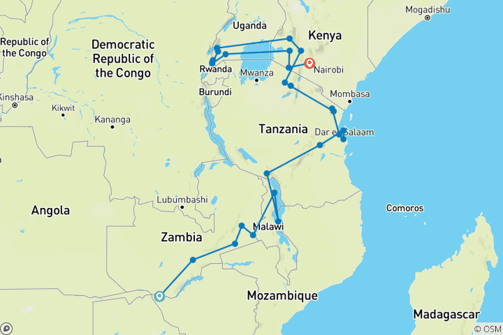 Mapa de De las cataratas Victoria a los gorilas