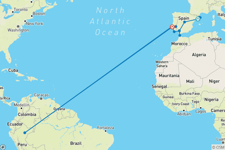 Carte du circuit Le meilleur de la péninsule ibérique avec une excursion facultative d'une journée au Maroc, petits-déjeuners, transferts et séjours en hôtel 5 étoiles