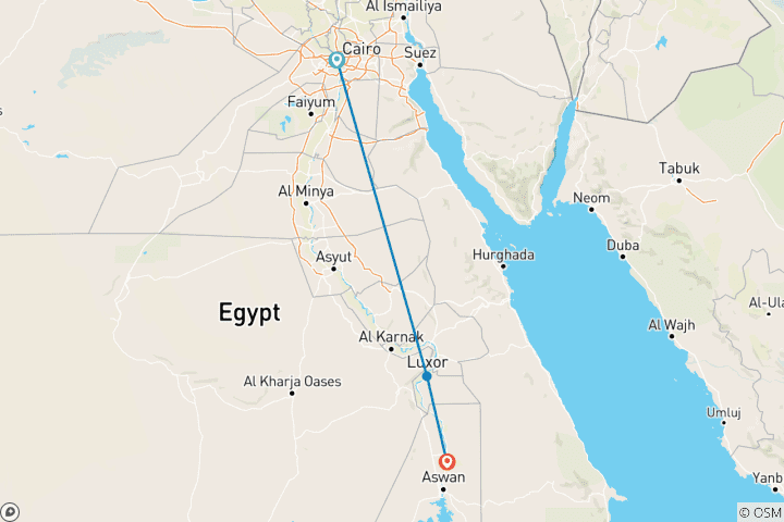 Kaart van Reispakket van 4 dagen en 3 nachten naar Caïro, Luxor en Aswan