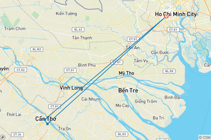 Carte du circuit Une escapade authentique dans le delta du Mékong : découverte de la vie locale, balade à vélo à la campagne et visite du marché flottant de Cai Rang