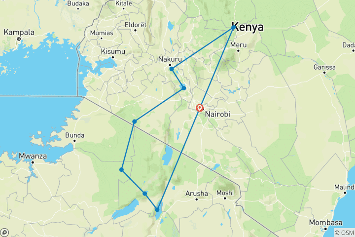 Karte von 12-tägige preisgünstige Safari in Kenia und Tansania (Gruppenreise im Geländewagen)