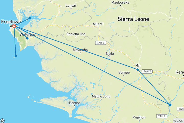 Mapa de Gran descubrimiento de Sierra Leona: 10 días de cultura, fauna y escapada a la costa
