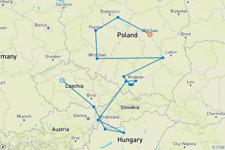 Mapa de República Checa, Budapest y el corazón de Polonia (incluido Győr)