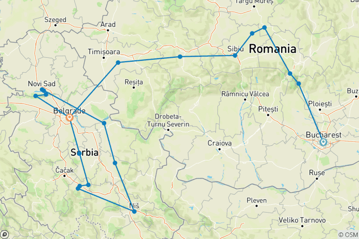 Carte du circuit Trésors roumains et serbes (22 destinations)