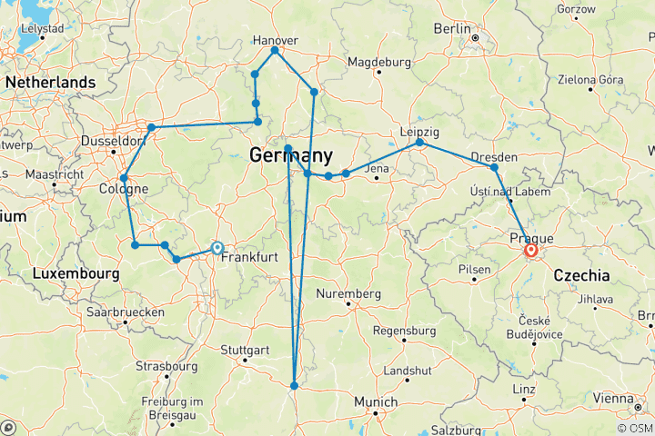 Mapa de Recorrido por el corazón de Alemania, con final en Praga (19 destinos)