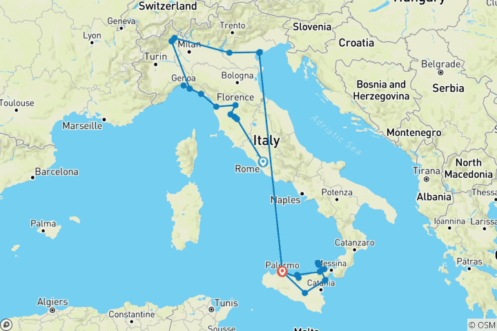 Carte du circuit Tutta Italia et la Sicile avec les îles Éoliennes