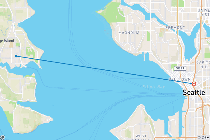 Carte du circuit Seattle sans voiture : le quartier du port, la ligne d'horizon et l'art local