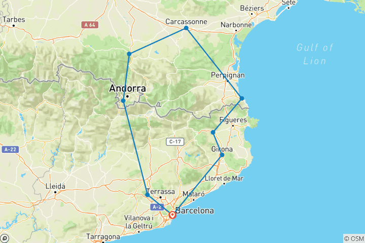 Carte du circuit Catalogne, sud de la France et Andorre